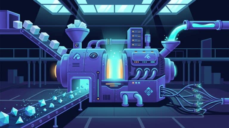 Atelier industriel stylise : moteur central alimente par 4 flux de matieres differentes, metaphore des 4 methodes pour alimenter une IA avec ses donnees (upload, contexte long, RAG, MCP)