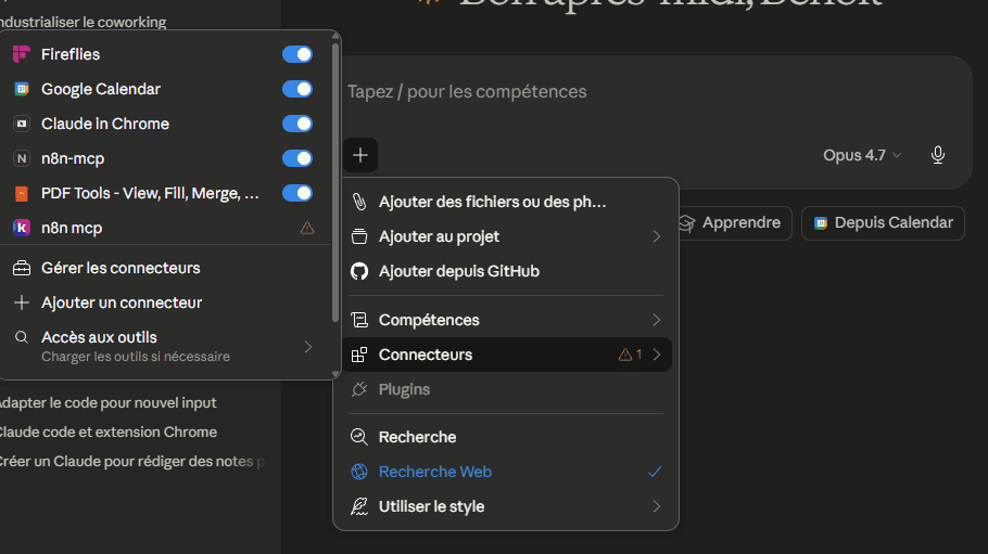 Panneau des connecteurs MCP dans Claude : Fireflies, Google Calendar, Claude in Chrome, n8n-mcp, PDF Tools activables en un clic via un toggle