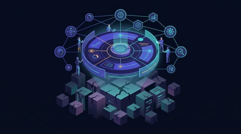 Illustration conceptuelle: plateforme Adobe CX Enterprise orchestrant des agents IA au-dessus d'une fondation data fragmentee