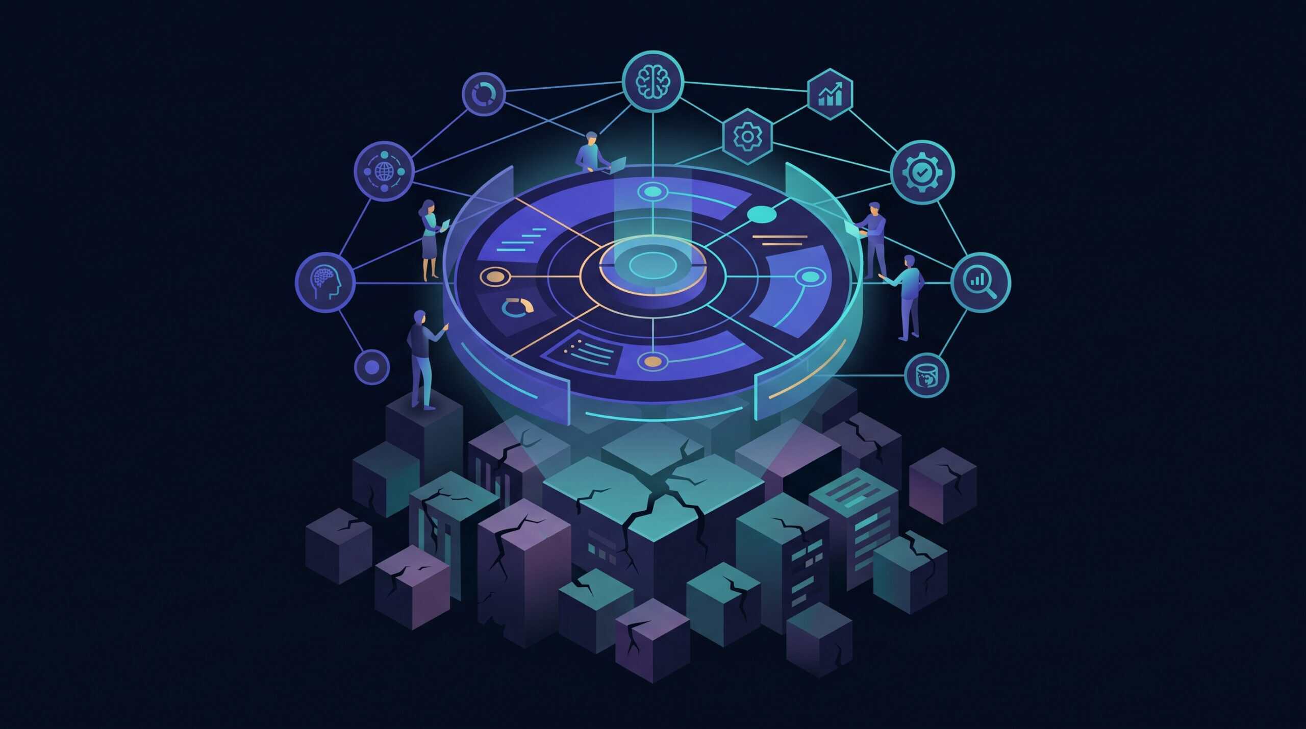 Illustration conceptuelle: plateforme Adobe CX Enterprise orchestrant des agents IA au-dessus d'une fondation data fragmentee