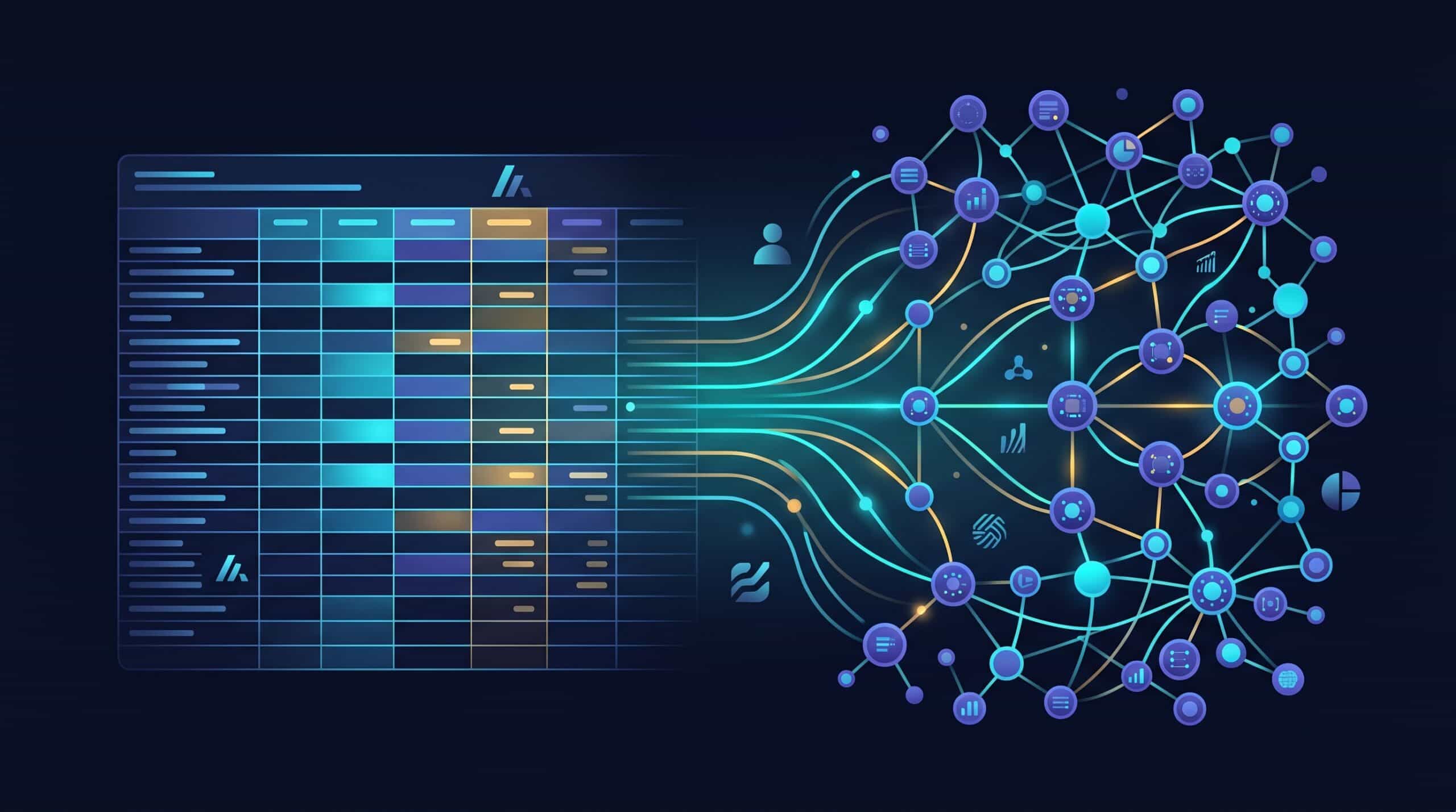 Audit IA agentique : grille de données d'audit transformée en graphe d'agents IA, illustration abstraite pour article BGT Consult AI