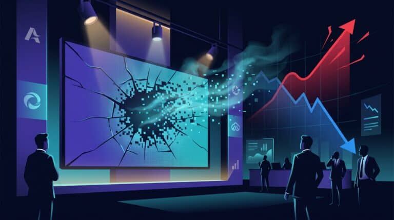 Arrêt Sora OpenAI : écran de diffusion vidéo brisé et courbes coûts/revenus divergentes, illustration BGT Consult AI