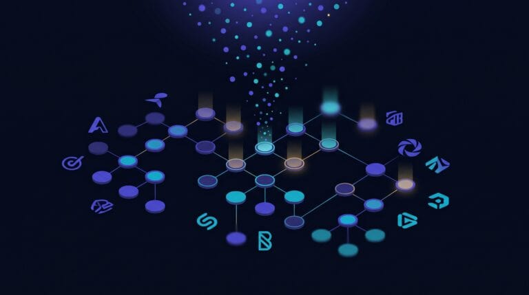 Reseau d organisation en perspective isometrique avec flux IA descendant depuis le haut, illustrant une entreprise non prete pour l intelligence artificielle