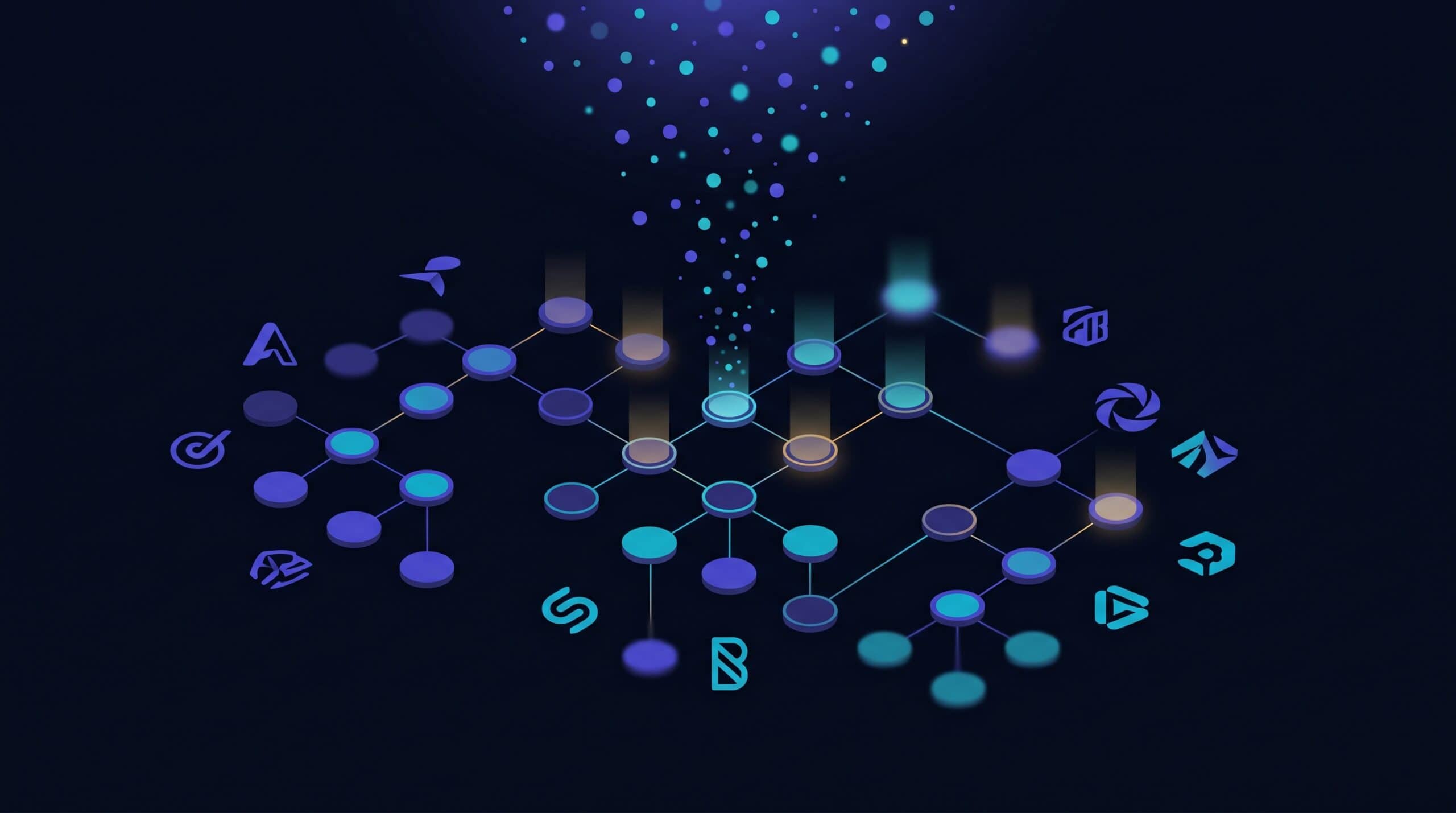 Reseau d organisation en perspective isometrique avec flux IA descendant depuis le haut, illustrant une entreprise non prete pour l intelligence artificielle