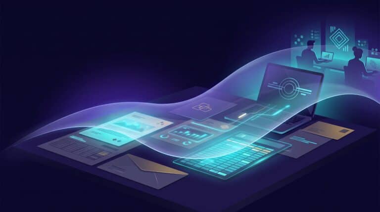 Calque lumineux se déposant sur un bureau de documents, métaphore de Copilot intégré aux outils Microsoft 365