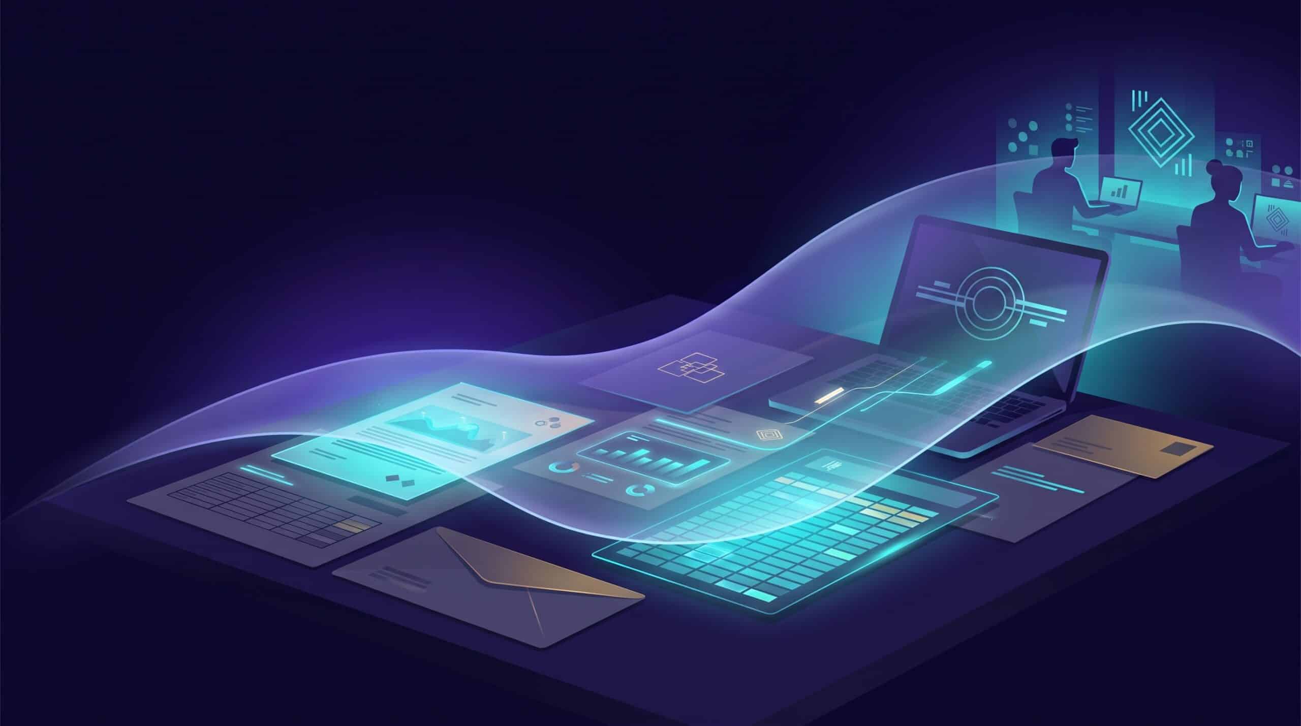 Calque lumineux se déposant sur un bureau de documents, métaphore de Copilot intégré aux outils Microsoft 365