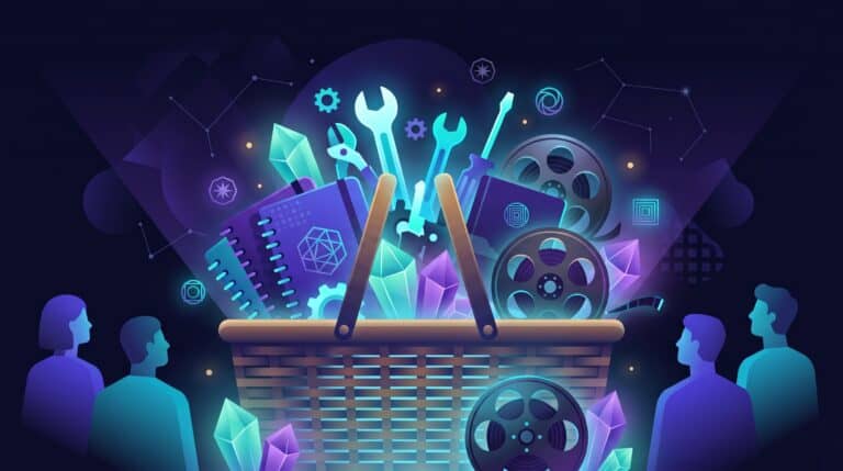 Panier de marché débordant d'outils lumineux, métaphore de l'abonnement Gemini tout-en-un