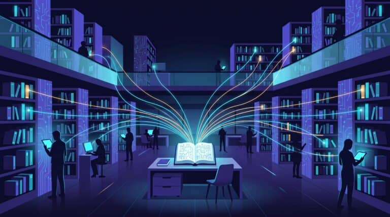 Bibliothèque nocturne où chaque livre relie ses sources par des fils lumineux, métaphore du moteur de réponse Perplexity