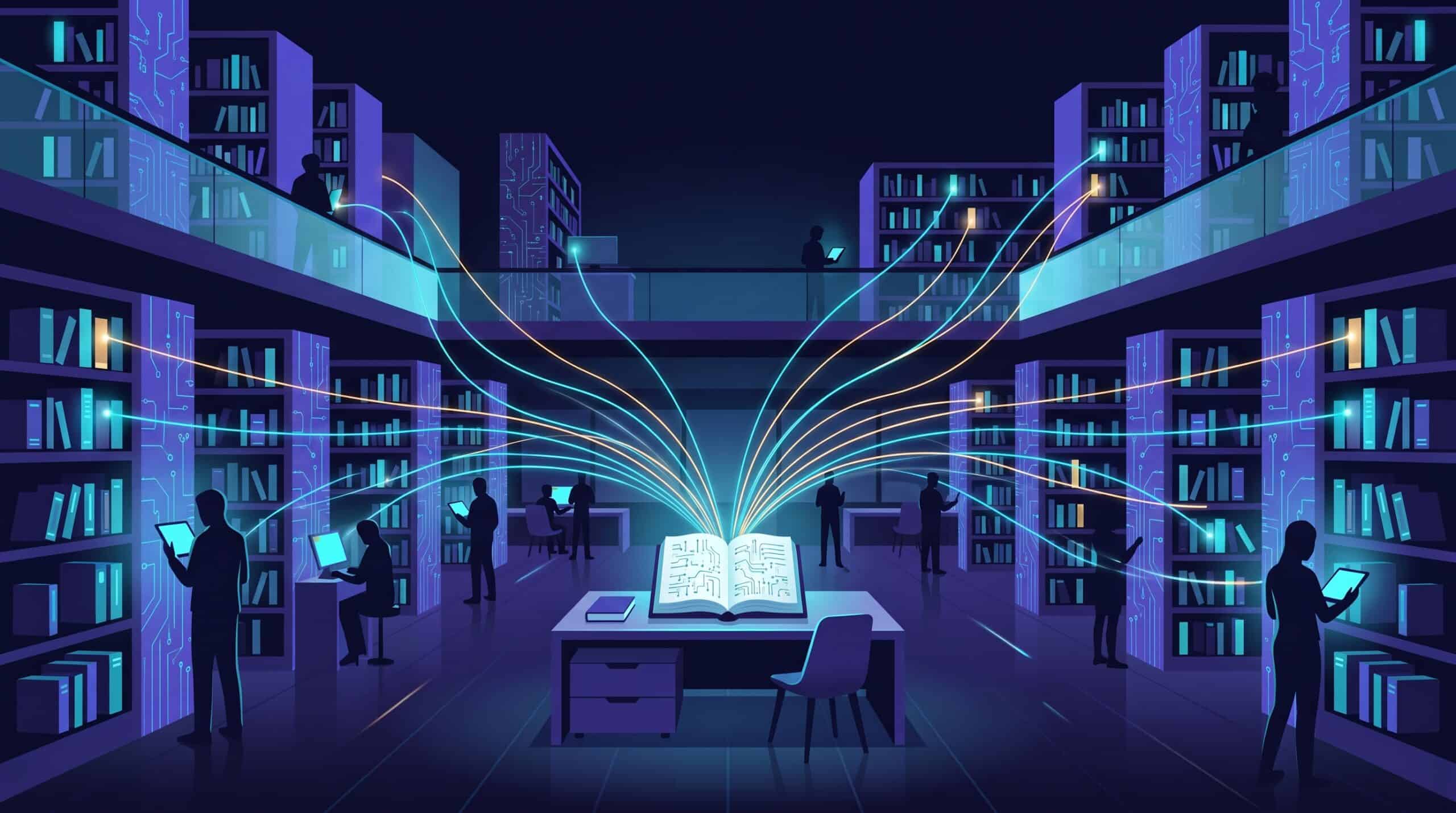 Bibliothèque nocturne où chaque livre relie ses sources par des fils lumineux, métaphore du moteur de réponse Perplexity