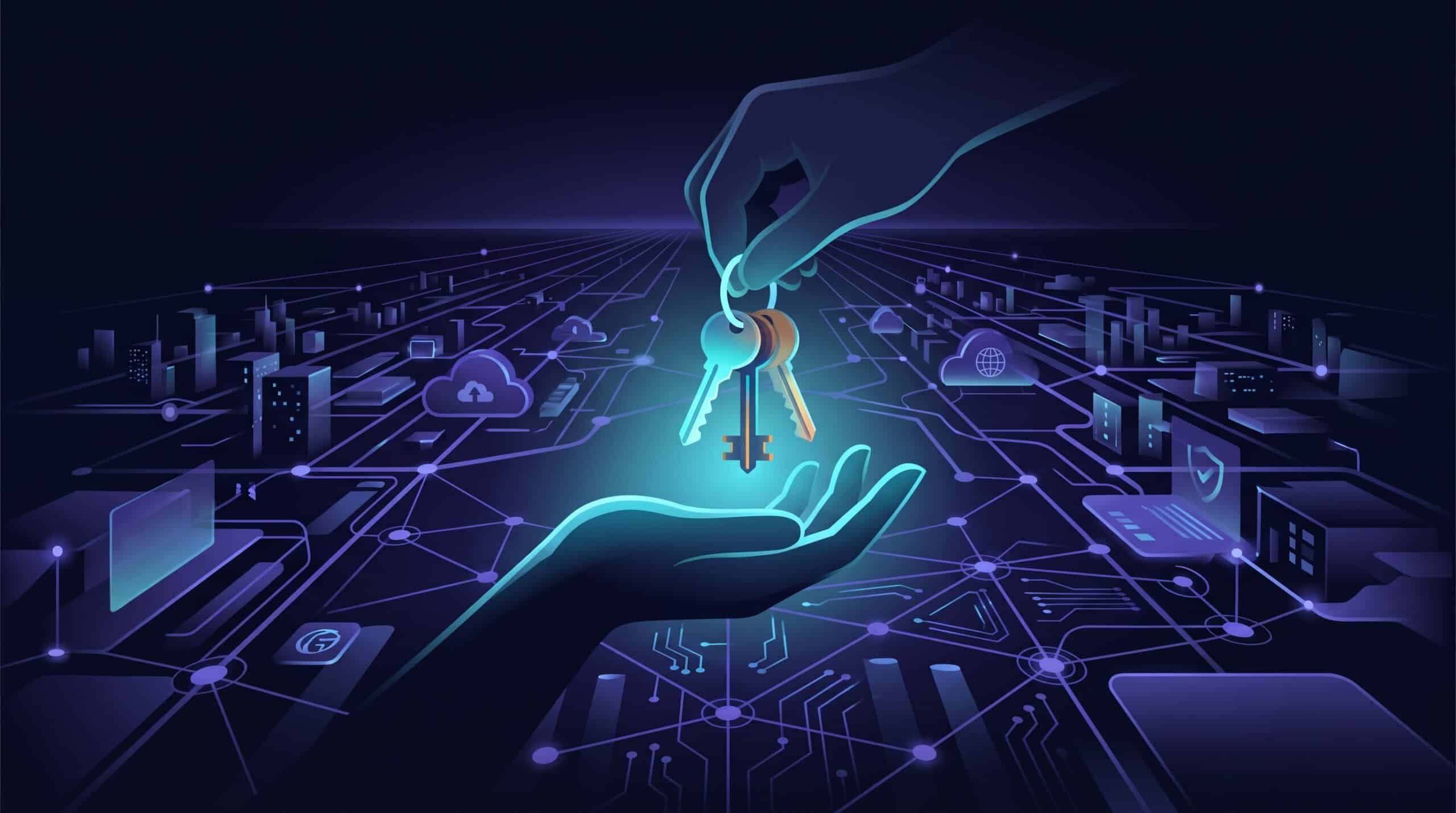 Remise d'un trousseau de clés lumineuses au-dessus d'un réseau de systèmes connectés, métaphore de la confiance accordée à un prestataire IA
