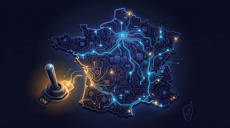 Carte de France en circuits lumineux s'allumant depuis un interrupteur, métaphore de l'activation des Aperçus IA en France