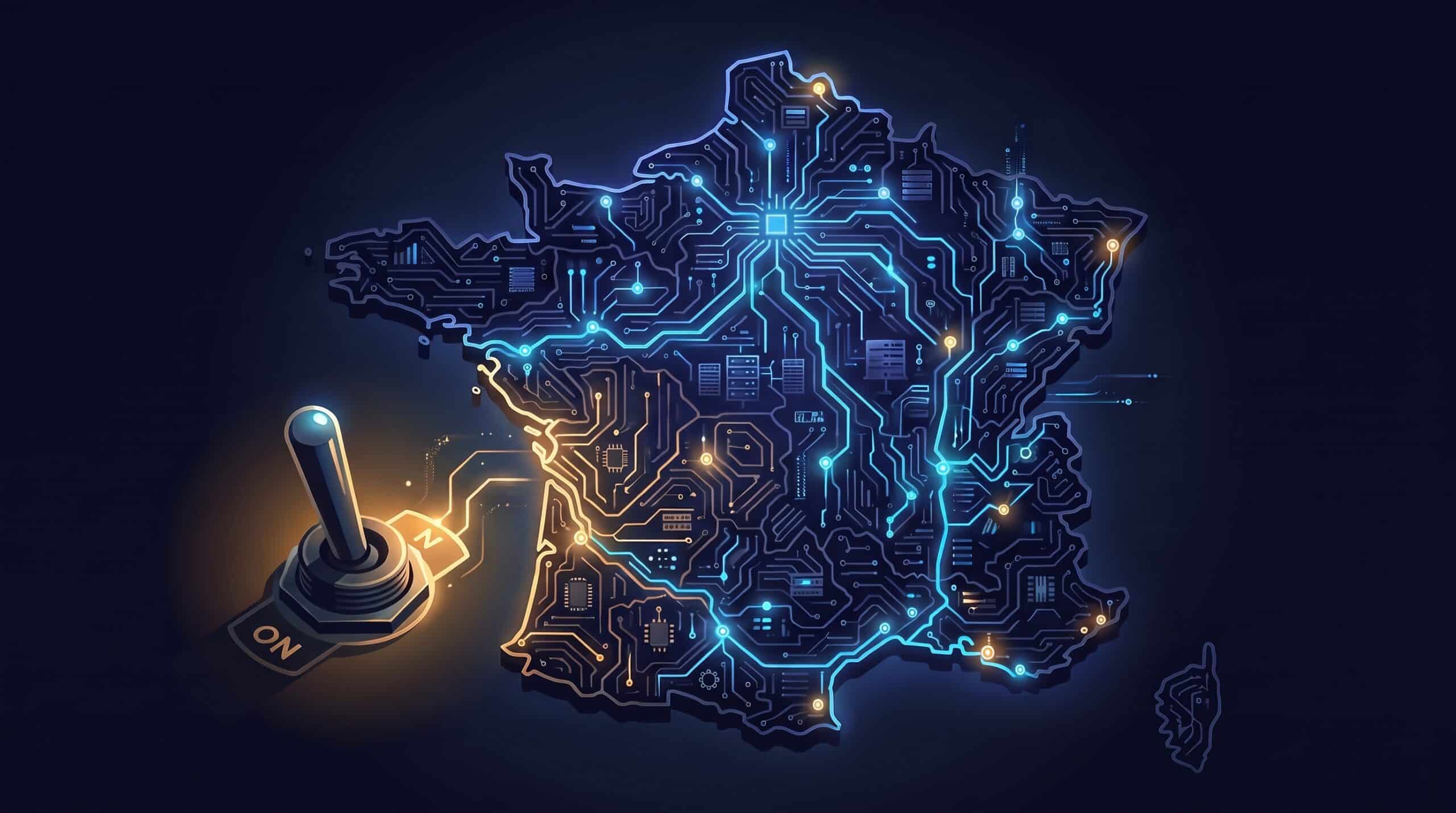 Carte de France en circuits lumineux s'allumant depuis un interrupteur, métaphore de l'activation des Aperçus IA en France