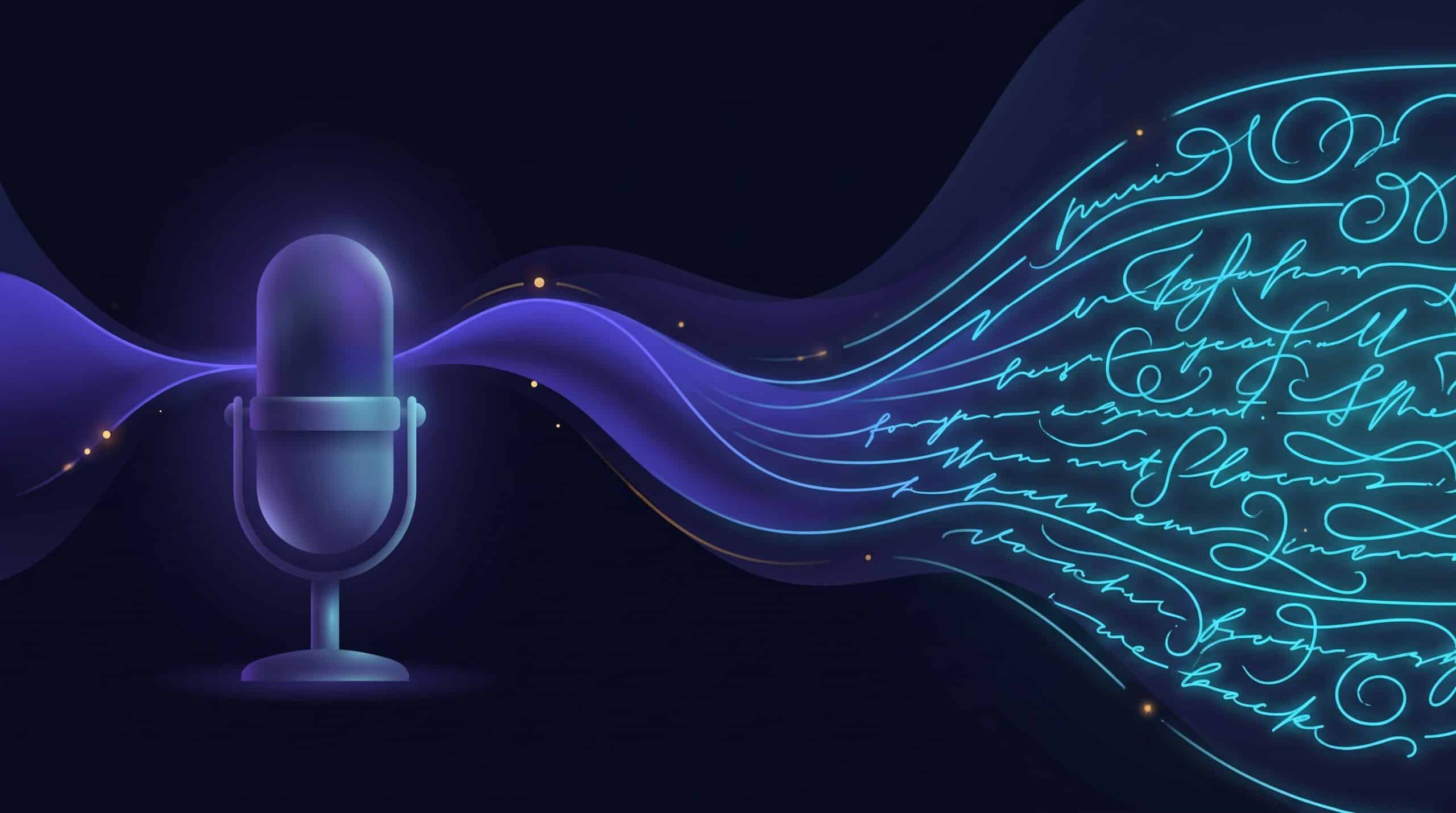 Onde vocale se transformant en lignes d écriture lumineuses depuis un microphone, illustration du guide des outils de dictée vocale