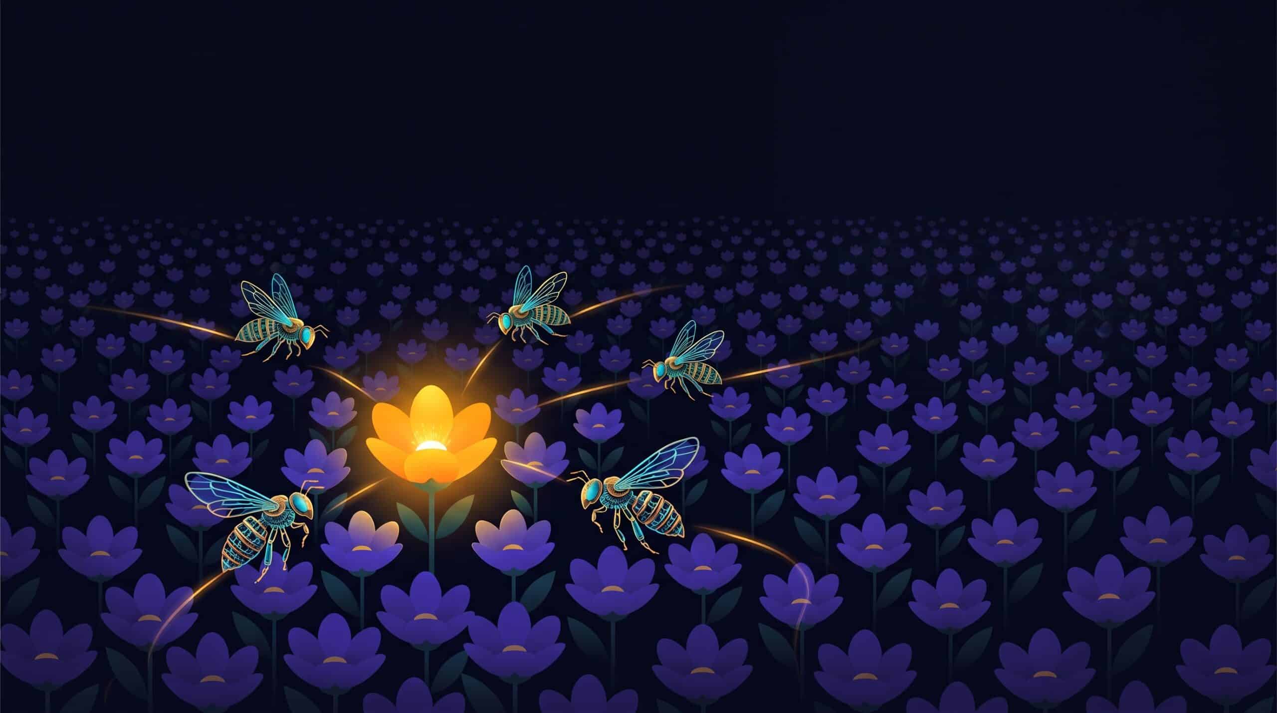 Une fleur lumineuse unique attirant des abeilles mécaniques dans un champ uniforme, métaphore du contenu singulier cité par les IA