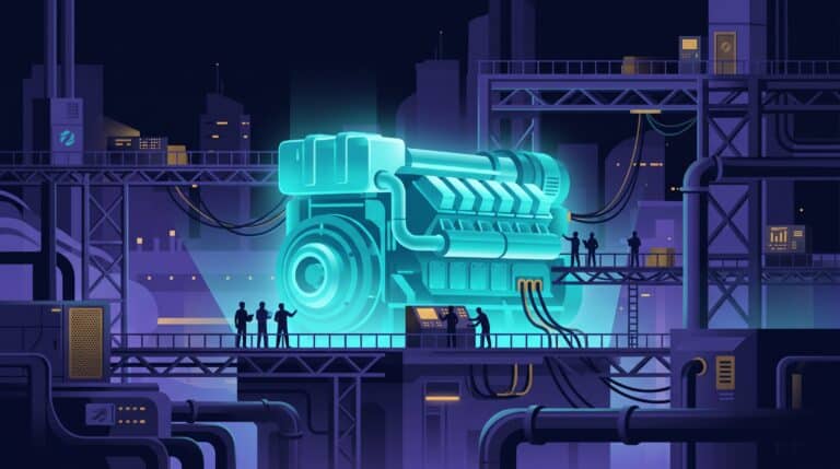 Moteur d'IA raccordé à une ville par des équipes de techniciens, métaphore du déploiement de l'IA en entreprise