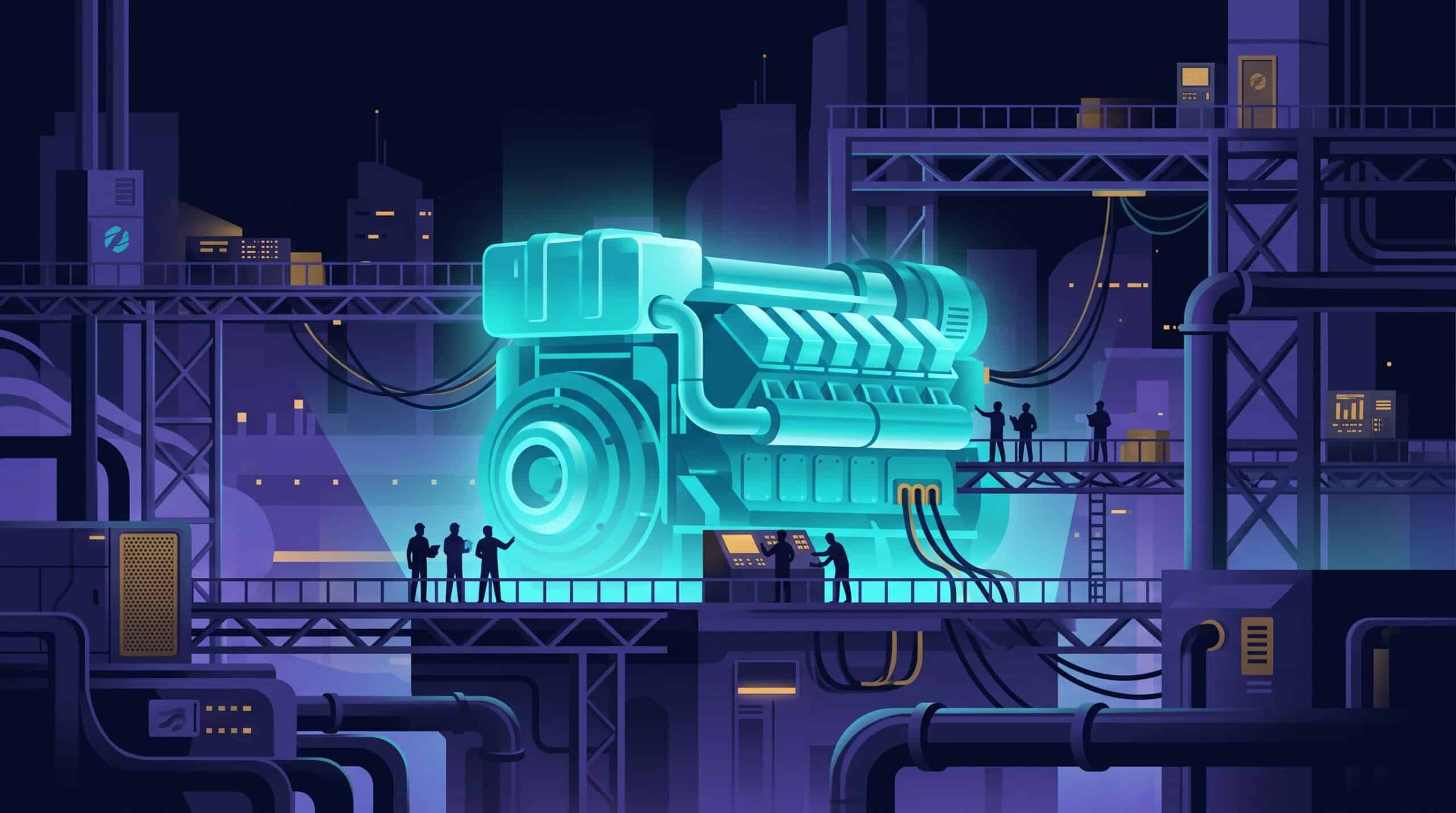 Moteur d'IA raccordé à une ville par des équipes de techniciens, métaphore du déploiement de l'IA en entreprise