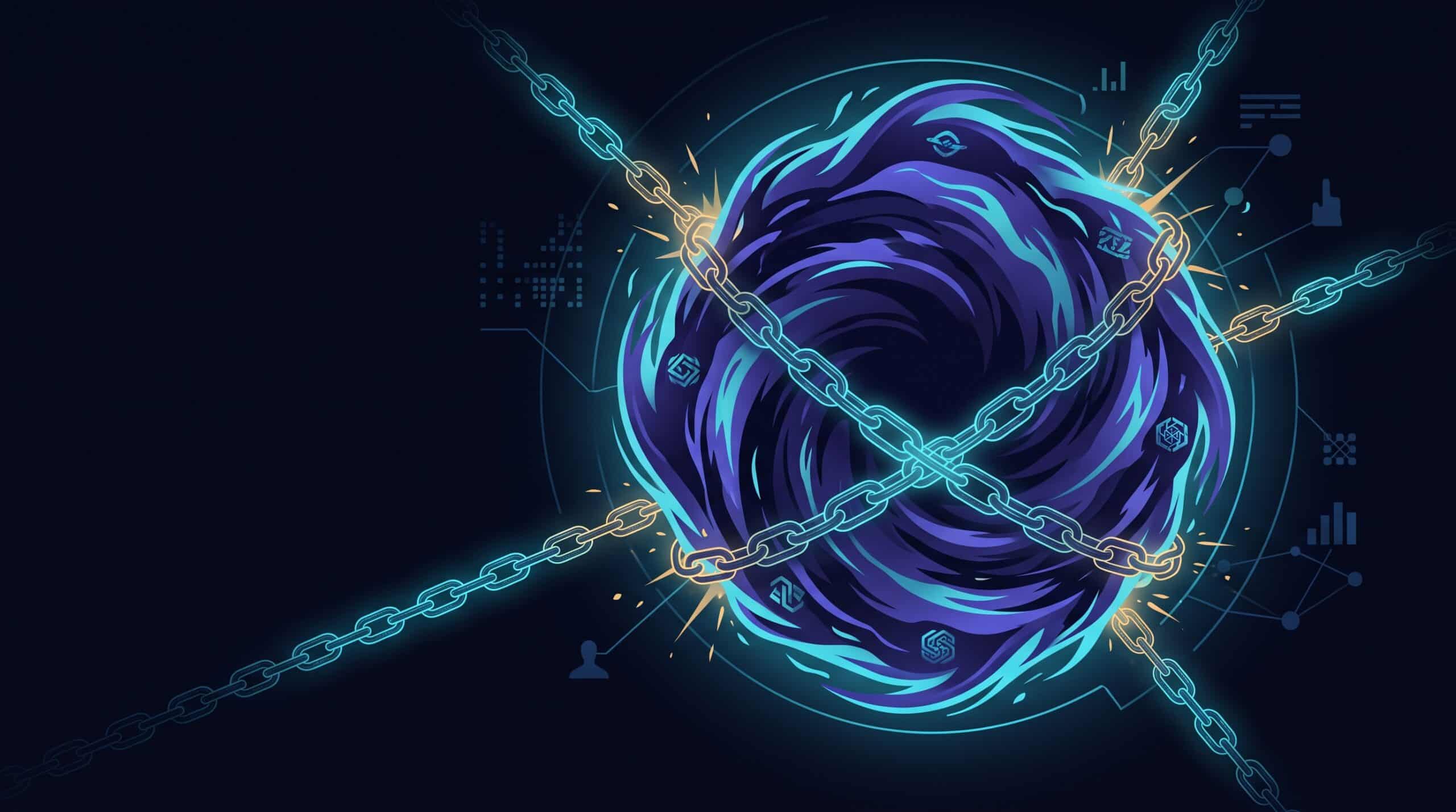 Illustration : masse d energie retenue par des chaines de lumiere, metaphore d une IA puissante bridee