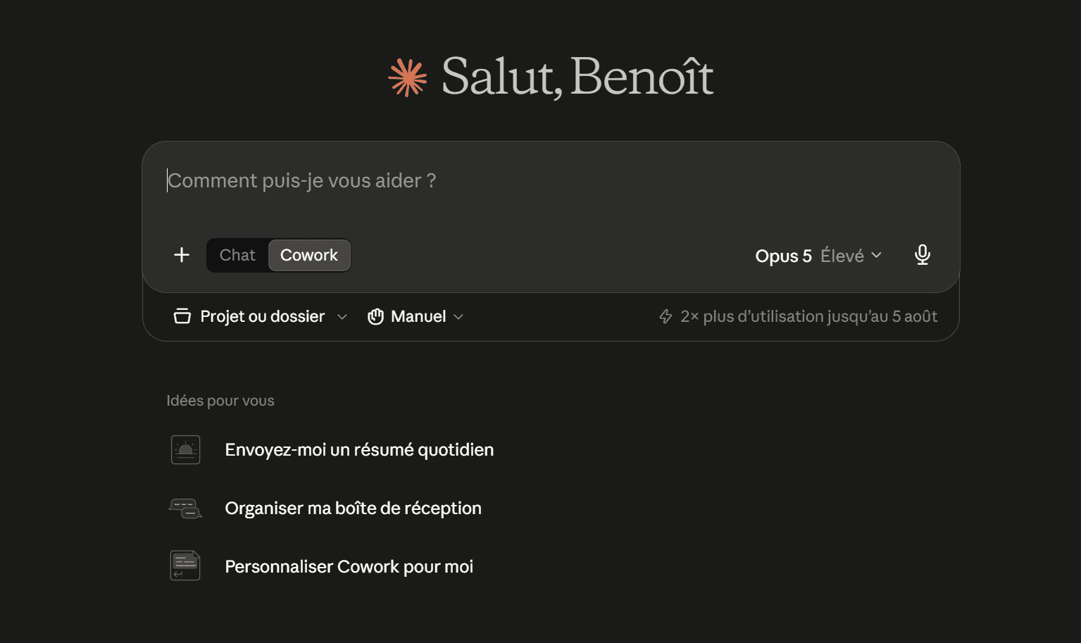 Accueil de l'application Claude : bascule Chat/Cowork dans la zone de saisie