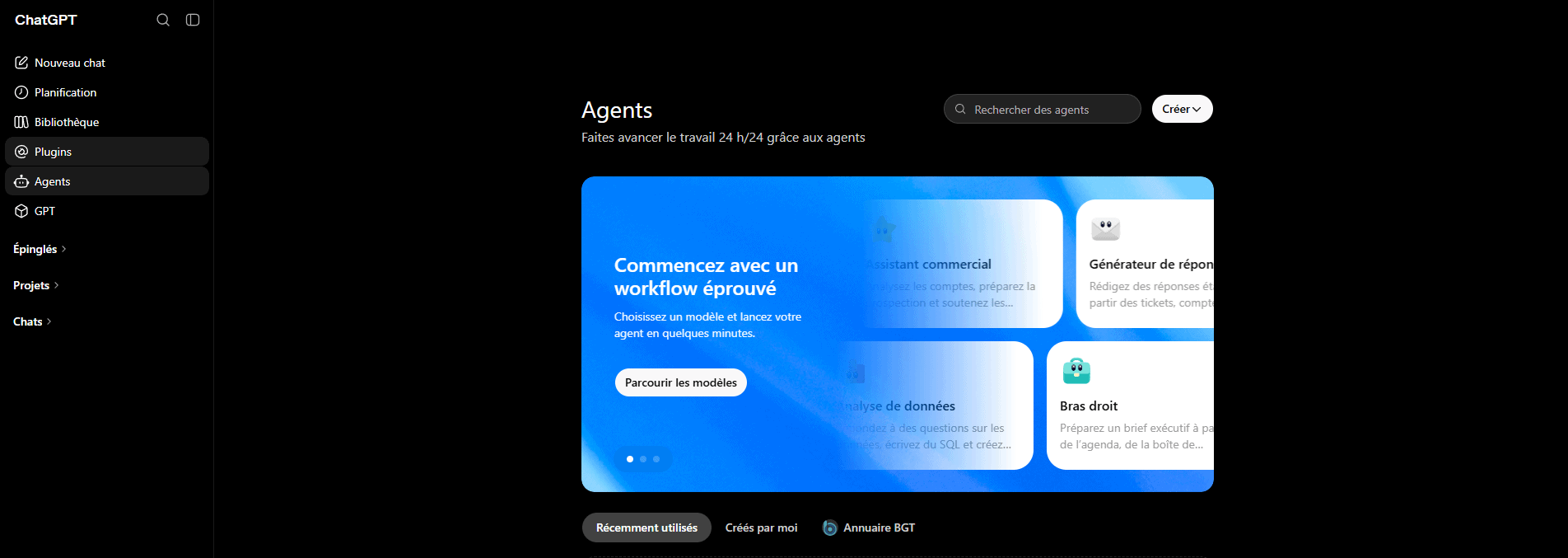 Page Agents de ChatGPT : modèles d'agents prêts à lancer et annuaire d'équipe