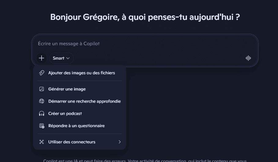 Menu d'outils de Copilot : fichiers, génération d'image, recherche approfondie, questionnaire, connecteurs