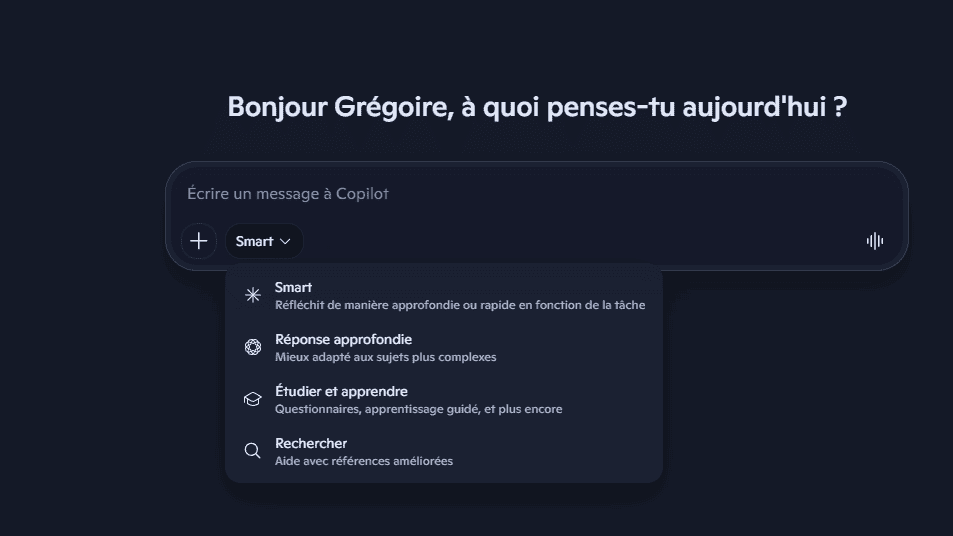 Sélecteur de modes de Copilot : Smart, Réponse approfondie, Étudier et apprendre, Rechercher