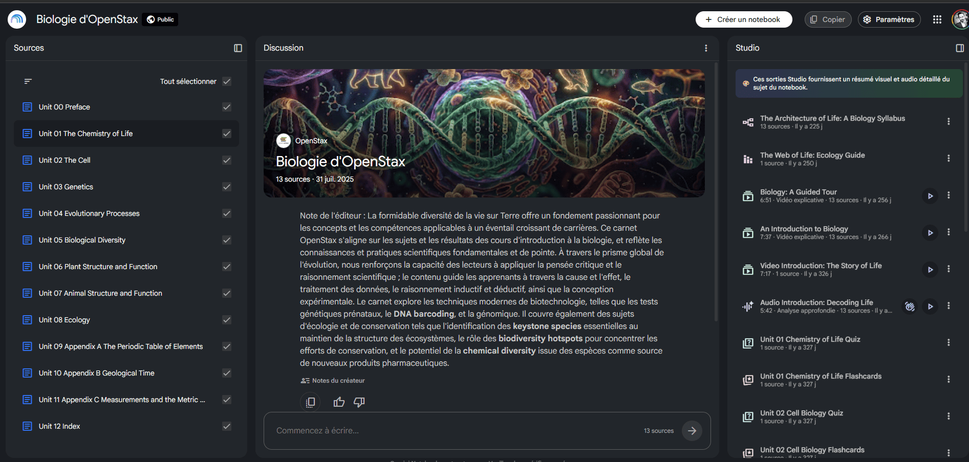 Un carnet Gemini Notebook avec ses trois panneaux : sources, discussion, Studio