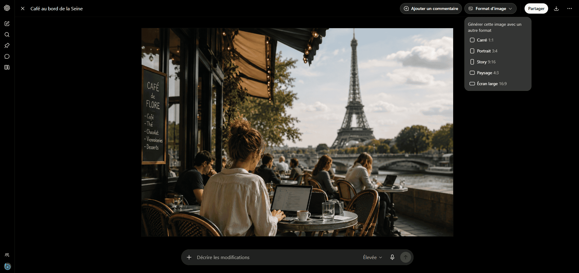 Génération d'images dans ChatGPT : image créée, choix du format et retouche sur consigne