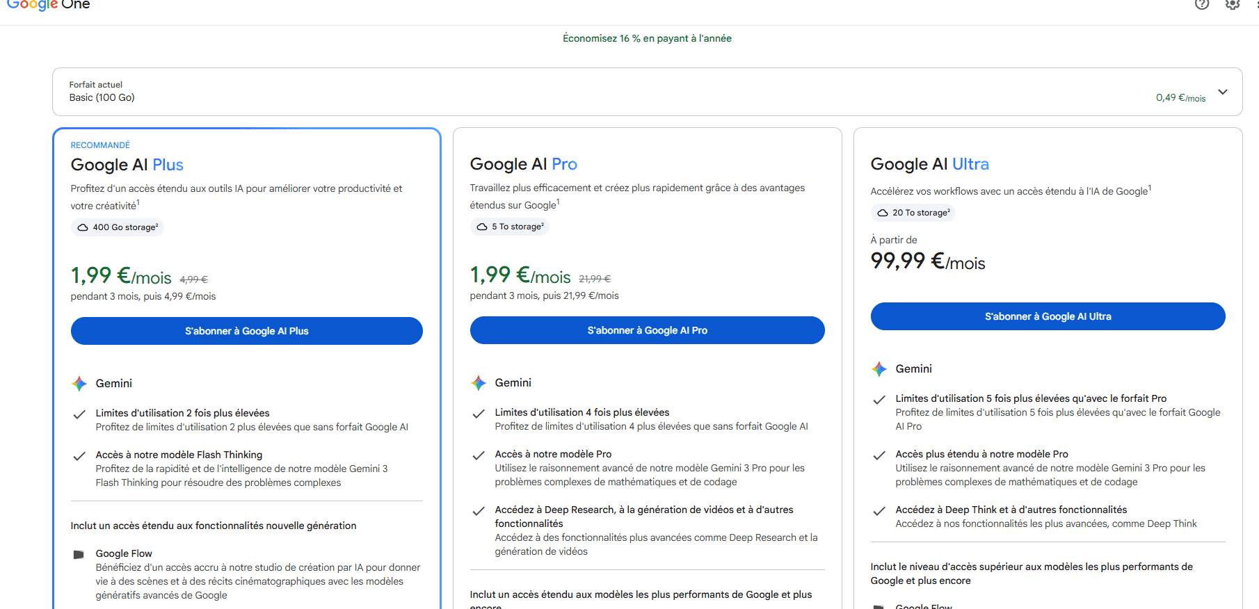 Page d'abonnement Google One avec les forfaits Google AI Plus, Pro et Ultra