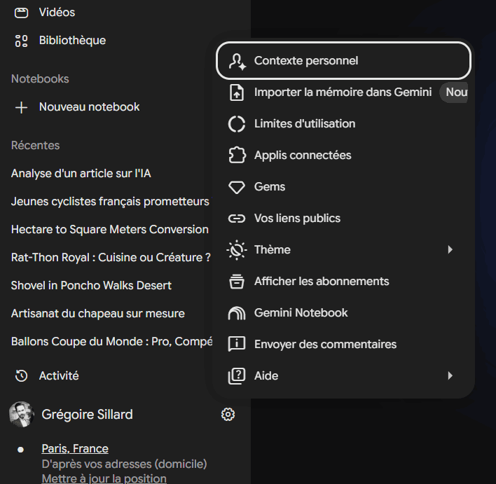Menu de réglages de Gemini : contexte personnel, import de mémoire, Gems, abonnements