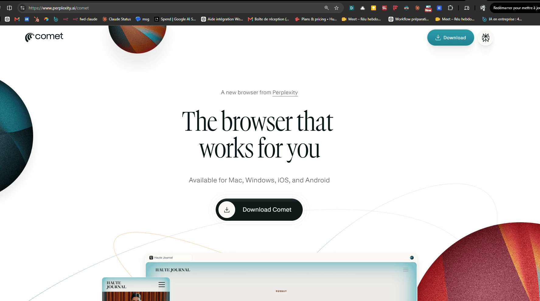 Page officielle du navigateur Comet de Perplexity, disponible sur Mac, Windows, iOS et Android
