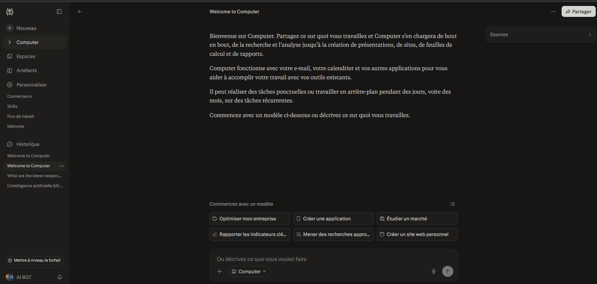 Écran d'accueil de Perplexity Computer avec la barre latérale : Espaces, Artefacts, Connecteurs, Skills, Flux de travail, Mémoire