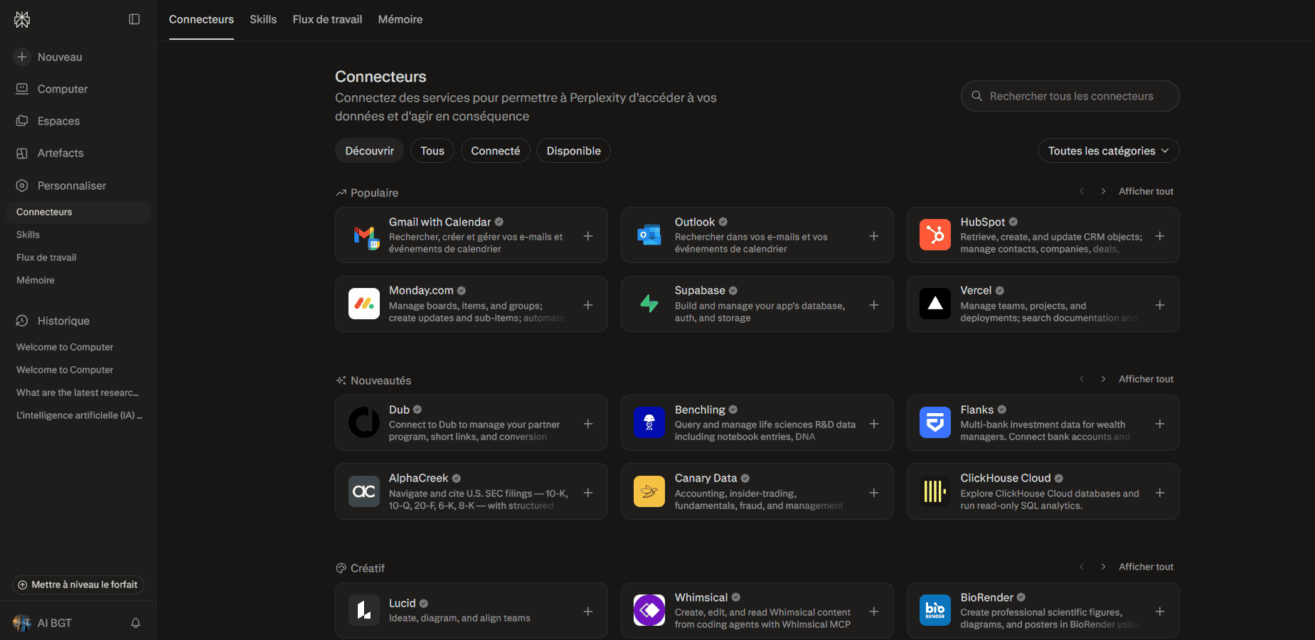 Catalogue de connecteurs de Perplexity : Gmail, Outlook, HubSpot, Monday, Supabase, Vercel