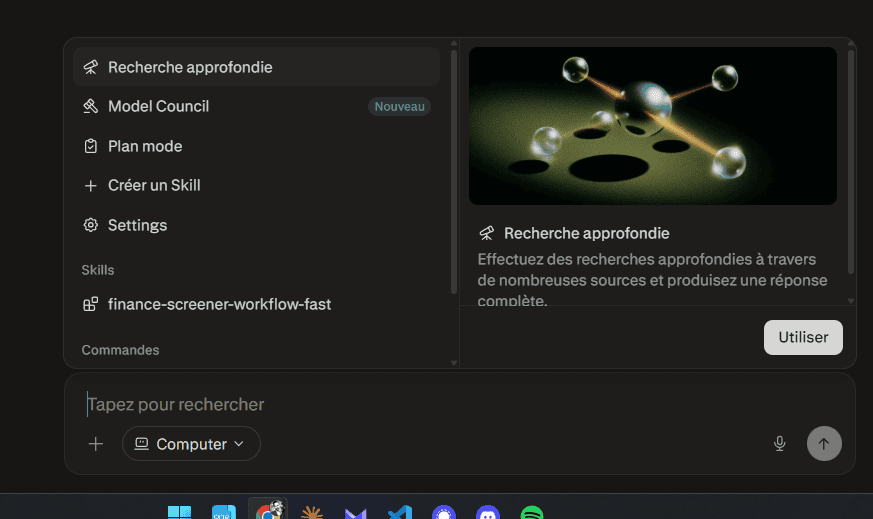 Menu d'outils de Perplexity Computer avec la recherche approfondie, le Model Council et le Plan mode