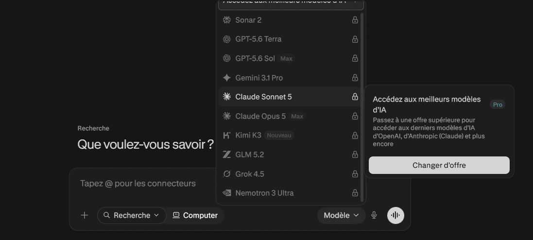 Sélecteur de modèles de Perplexity : GPT-5.6, Gemini 3.1 Pro, Claude Sonnet 5, Kimi K3, GLM 5.2, Grok 4.5, verrouillés sur le forfait gratuit