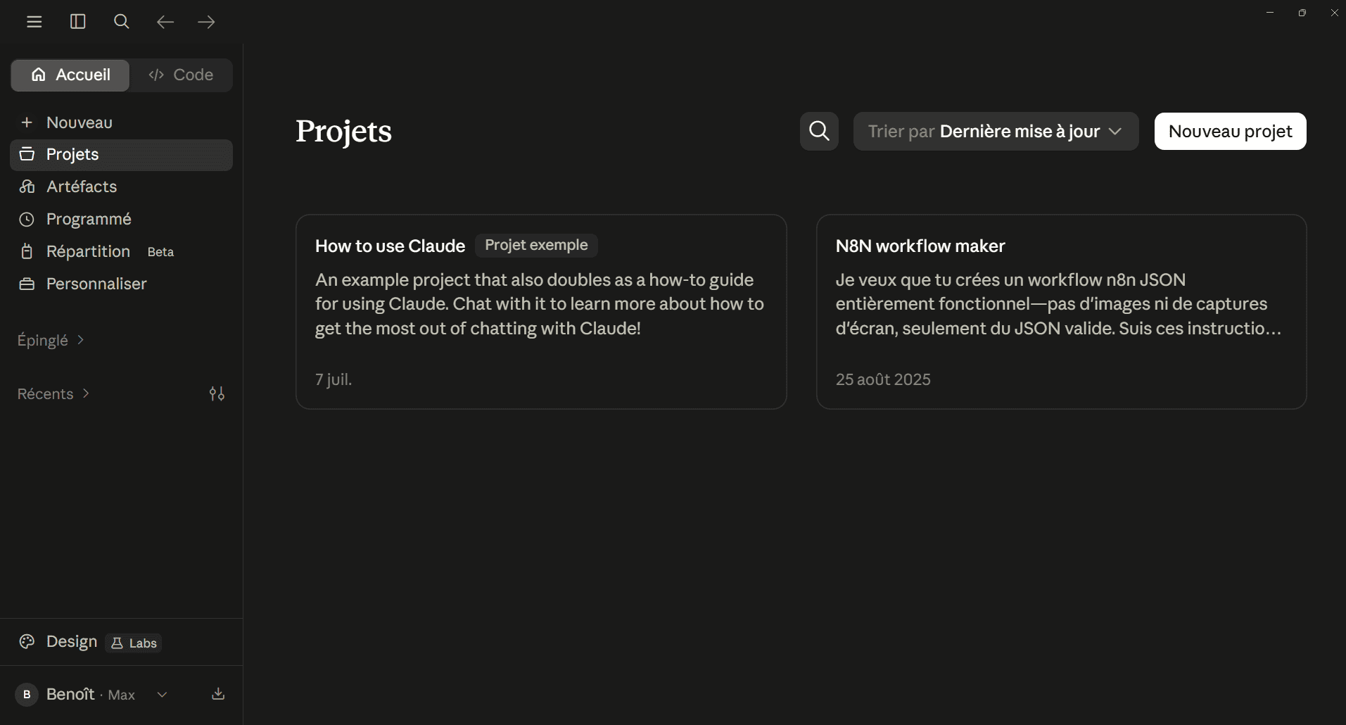 Page Projets de l'application Claude