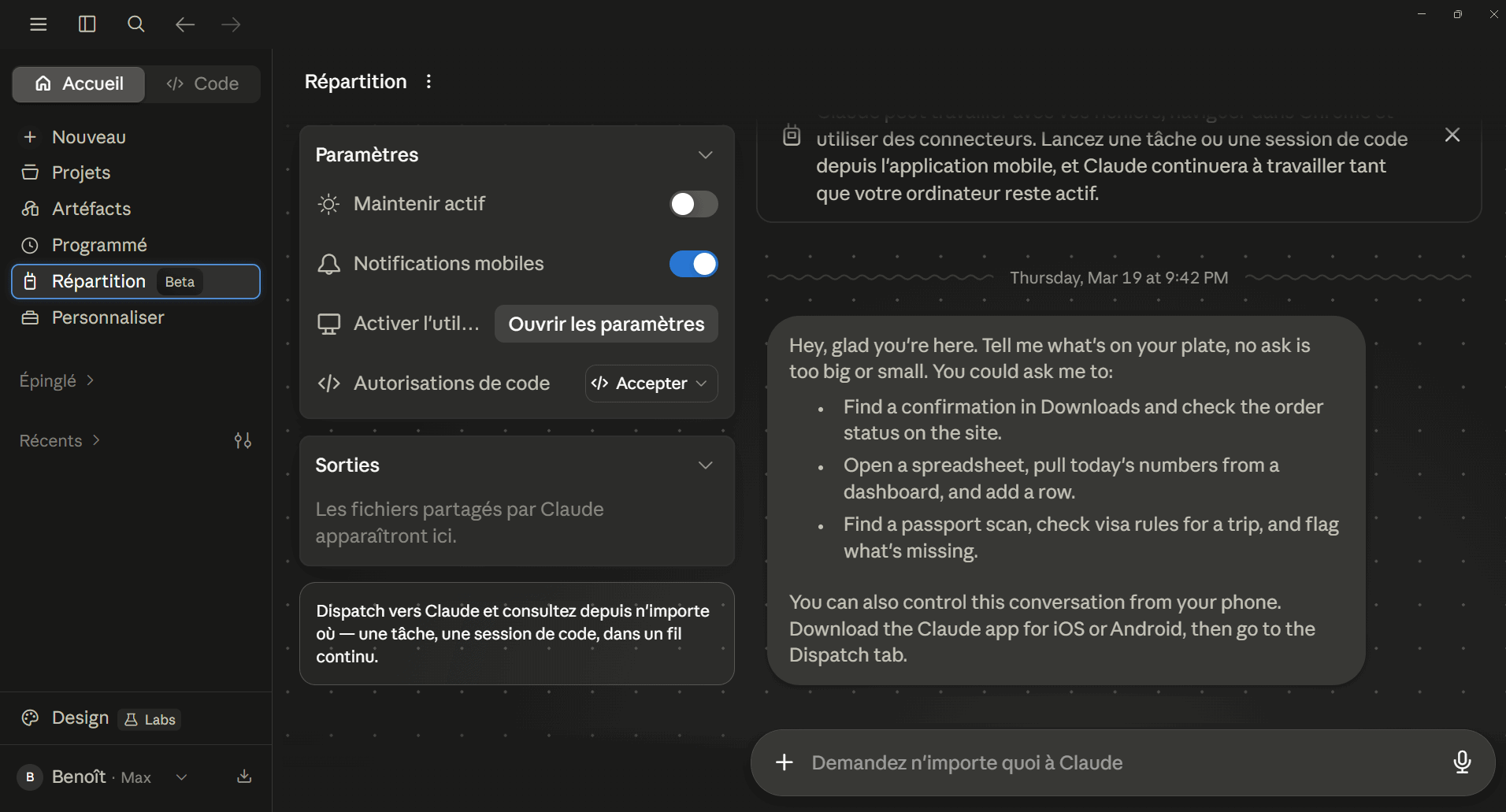 Répartition (Dispatch) en bêta dans Claude : paramètres et envoi de tâches depuis le mobile