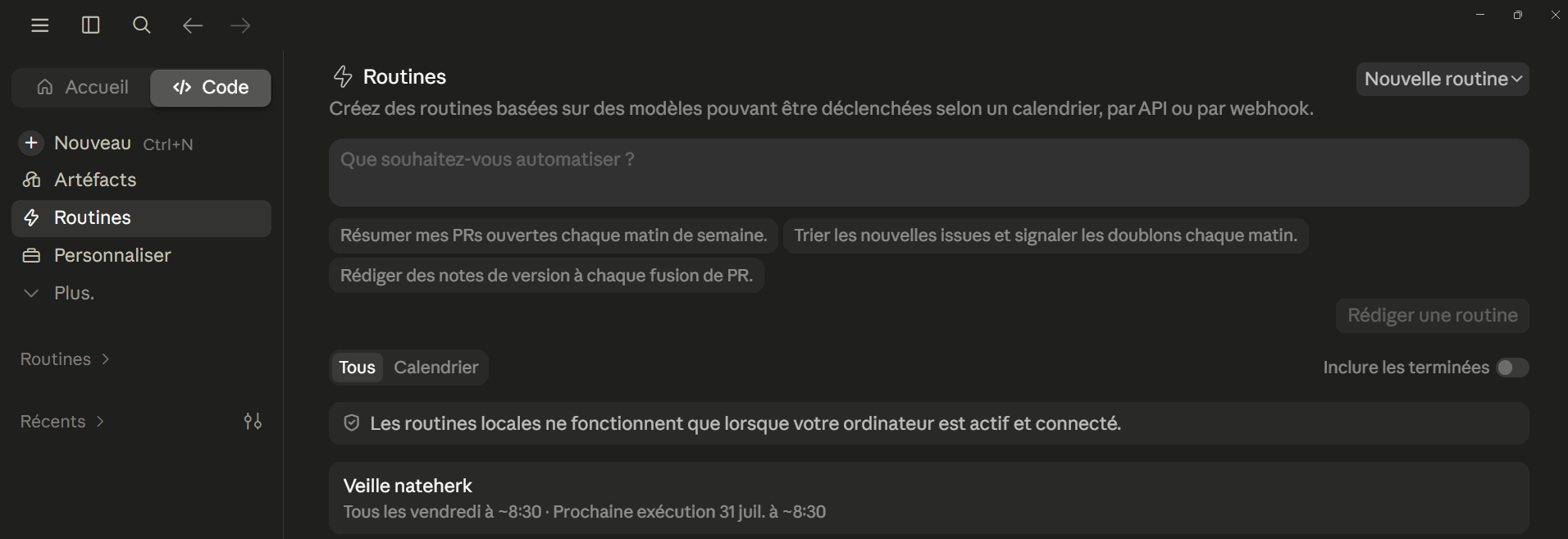 Page Routines de l'onglet Code de Claude, avec une routine hebdomadaire planifiée