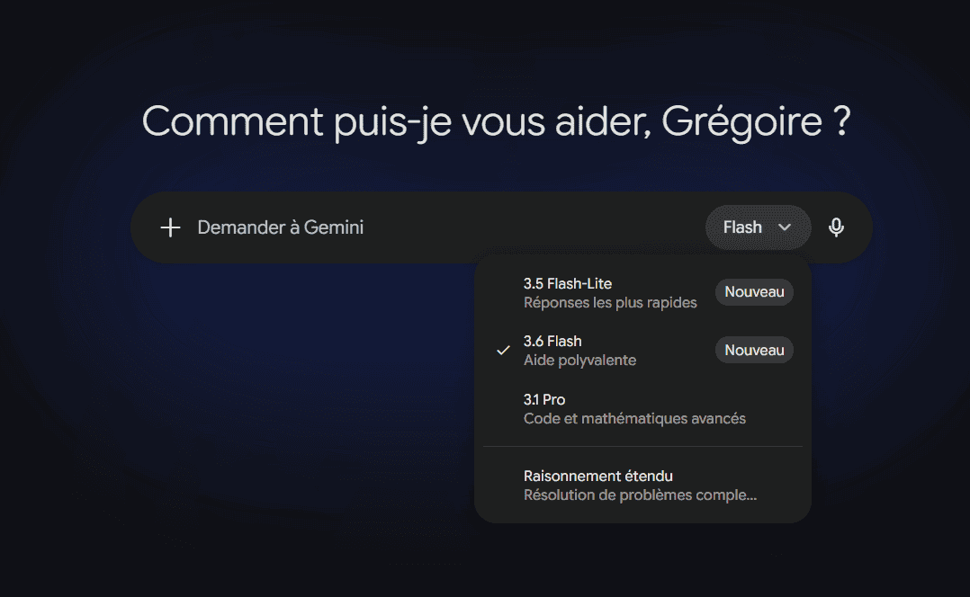 Sélecteur de modèles de l'application Gemini : 3.5 Flash-Lite, 3.6 Flash, 3.1 Pro et raisonnement étendu