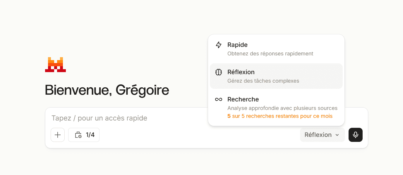 Sélecteur de modes de Mistral Vibe : Rapide, Réflexion, Recherche