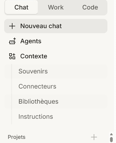 Barre latérale de l'onglet Chat de Mistral Vibe : Agents, Souvenirs, Connecteurs, Bibliothèques, Instructions