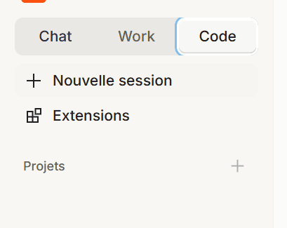 Barre latérale de l'onglet Code de Mistral Vibe : nouvelle session, Extensions, projets
