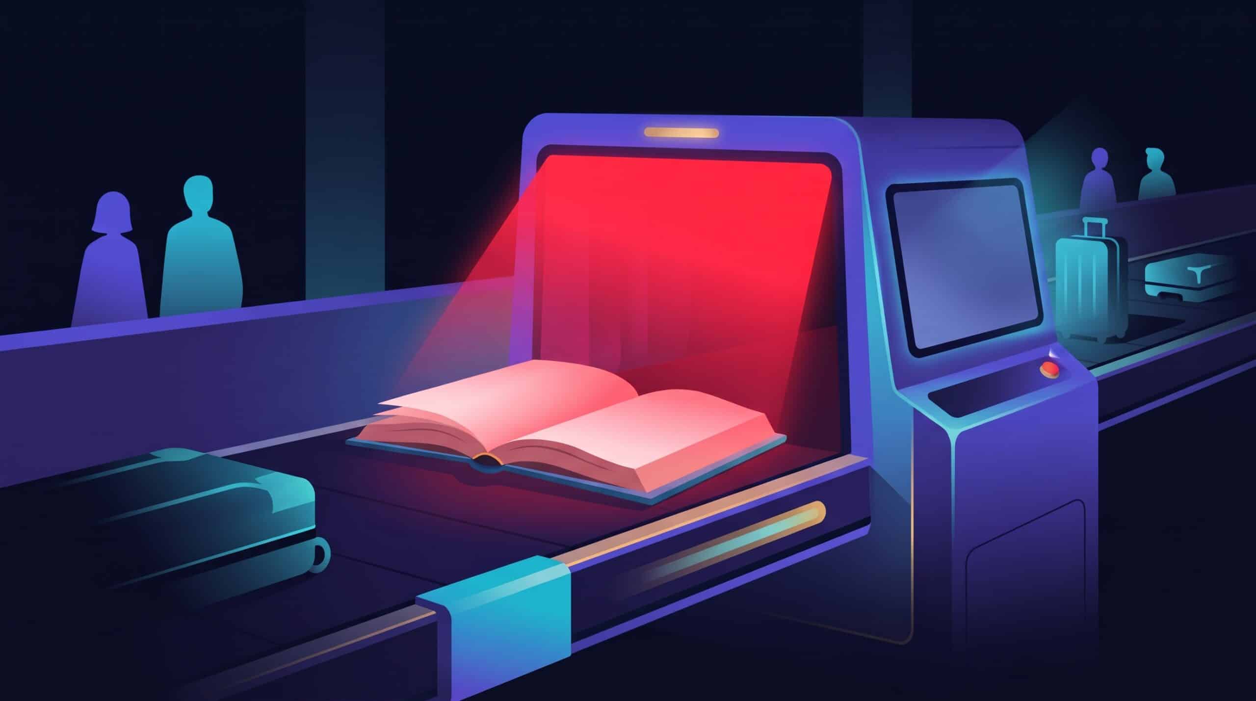 Livre ouvert passé dans un scanner de sécurité à la lueur rouge, métaphore d'un roman jugé par un détecteur d'IA