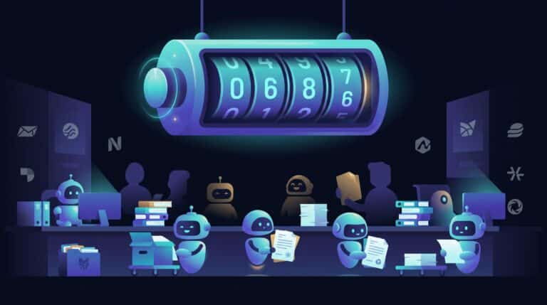 Compteur lumineux au-dessus de petits robots au travail, illustrant la facturation à l'usage des agents Microsoft Copilot