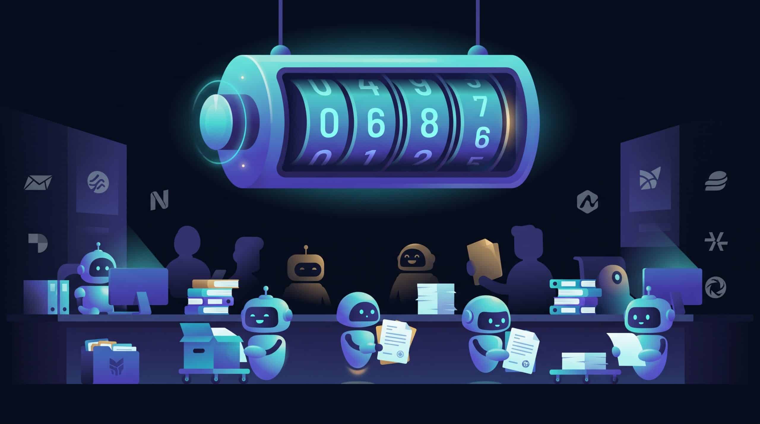 Compteur lumineux au-dessus de petits robots au travail, illustrant la facturation à l'usage des agents Microsoft Copilot