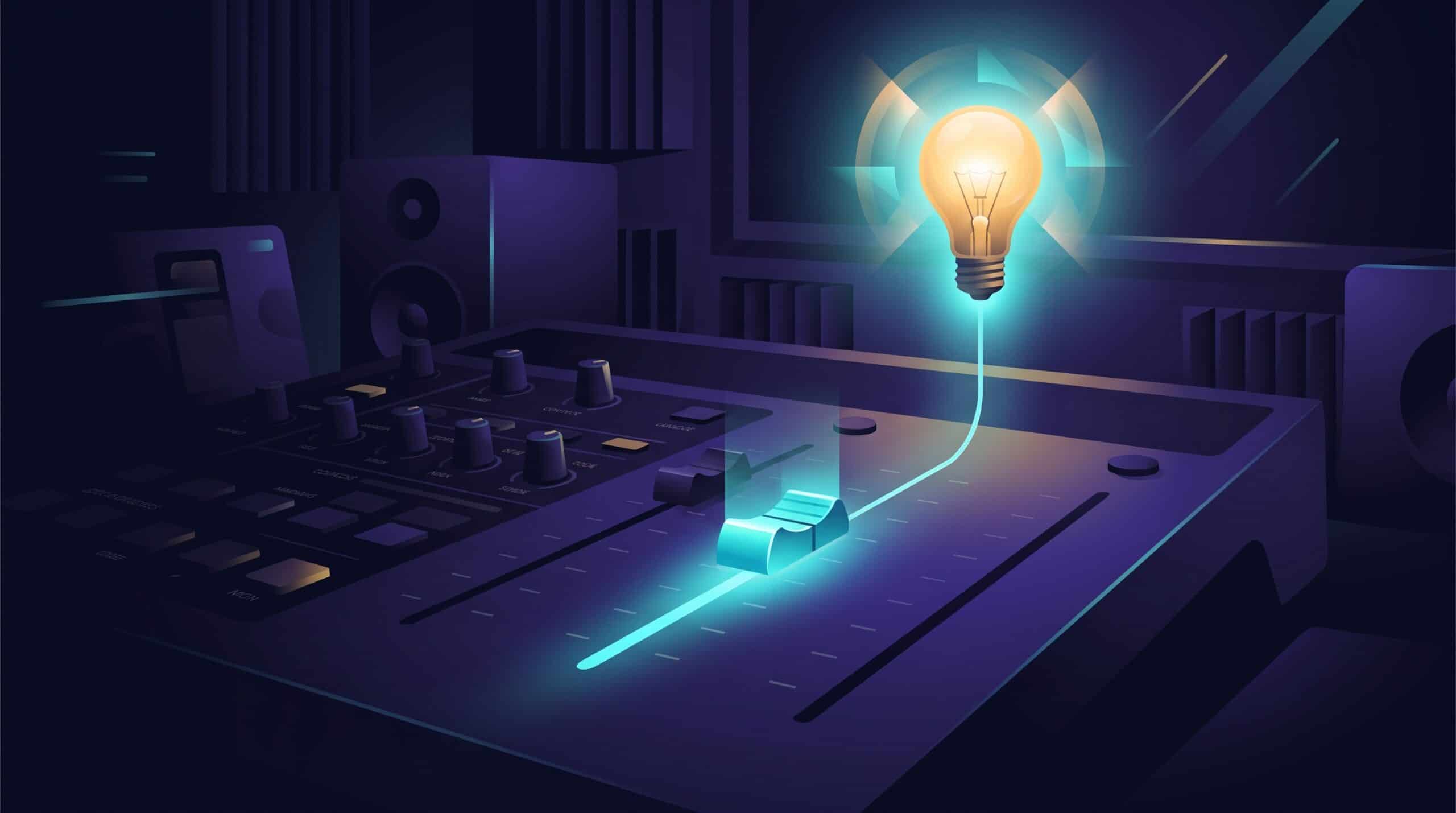 Curseur lumineux d'une console de mixage montant vers une ampoule, métaphore du mode réflexion d'une IA