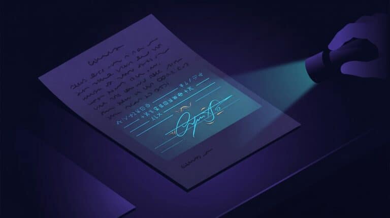 Page de texte dont un motif lumineux caché n'apparaît que sous le faisceau d'une lampe, illustration du filigrane invisible de ChatGPT