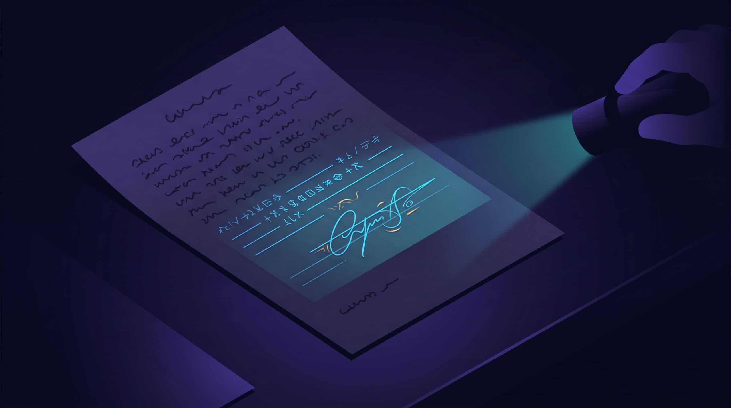 Page de texte dont un motif lumineux caché n'apparaît que sous le faisceau d'une lampe, illustration du filigrane invisible de ChatGPT