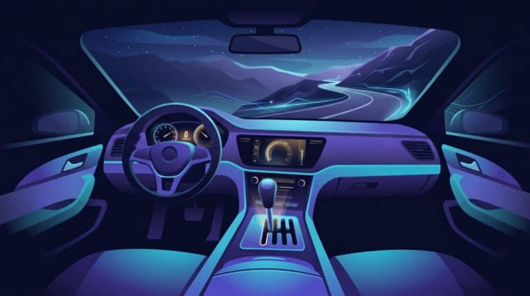Habitacle de voiture la nuit face à une route de montagne, levier de vitesse en première, illustration du mode Instant de GPT-6 dans ChatGPT