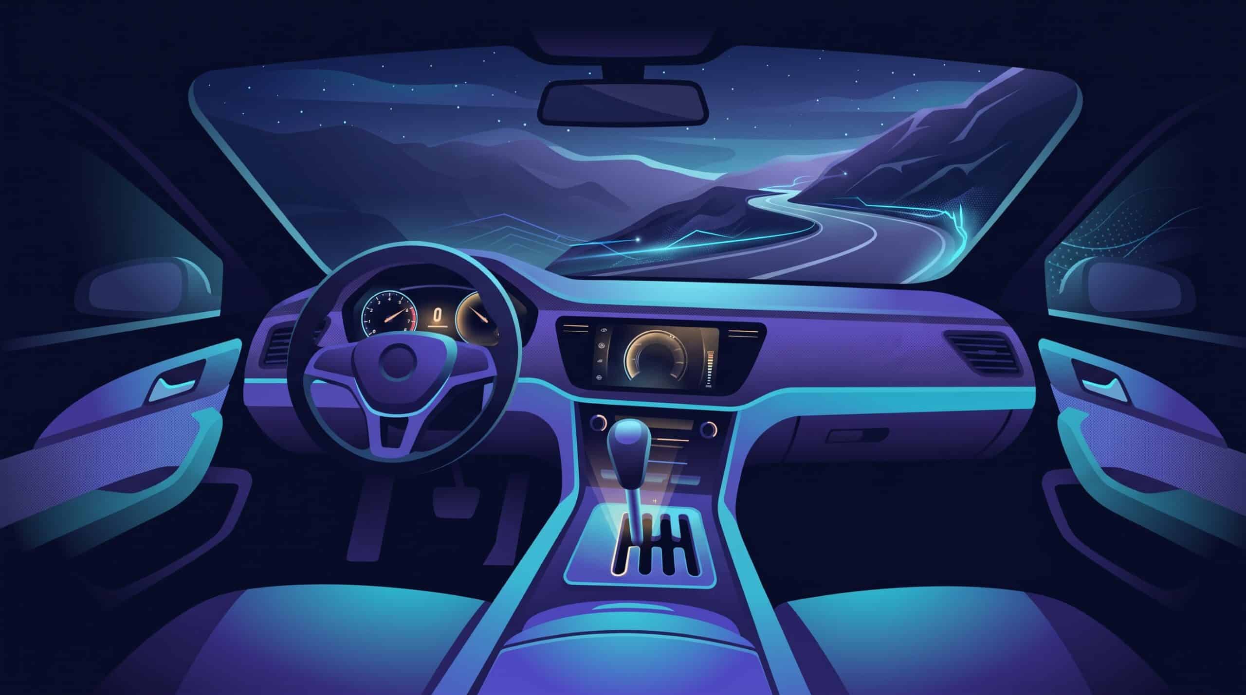 Habitacle de voiture la nuit face à une route de montagne, levier de vitesse en première, illustration du mode Instant de GPT-6 dans ChatGPT