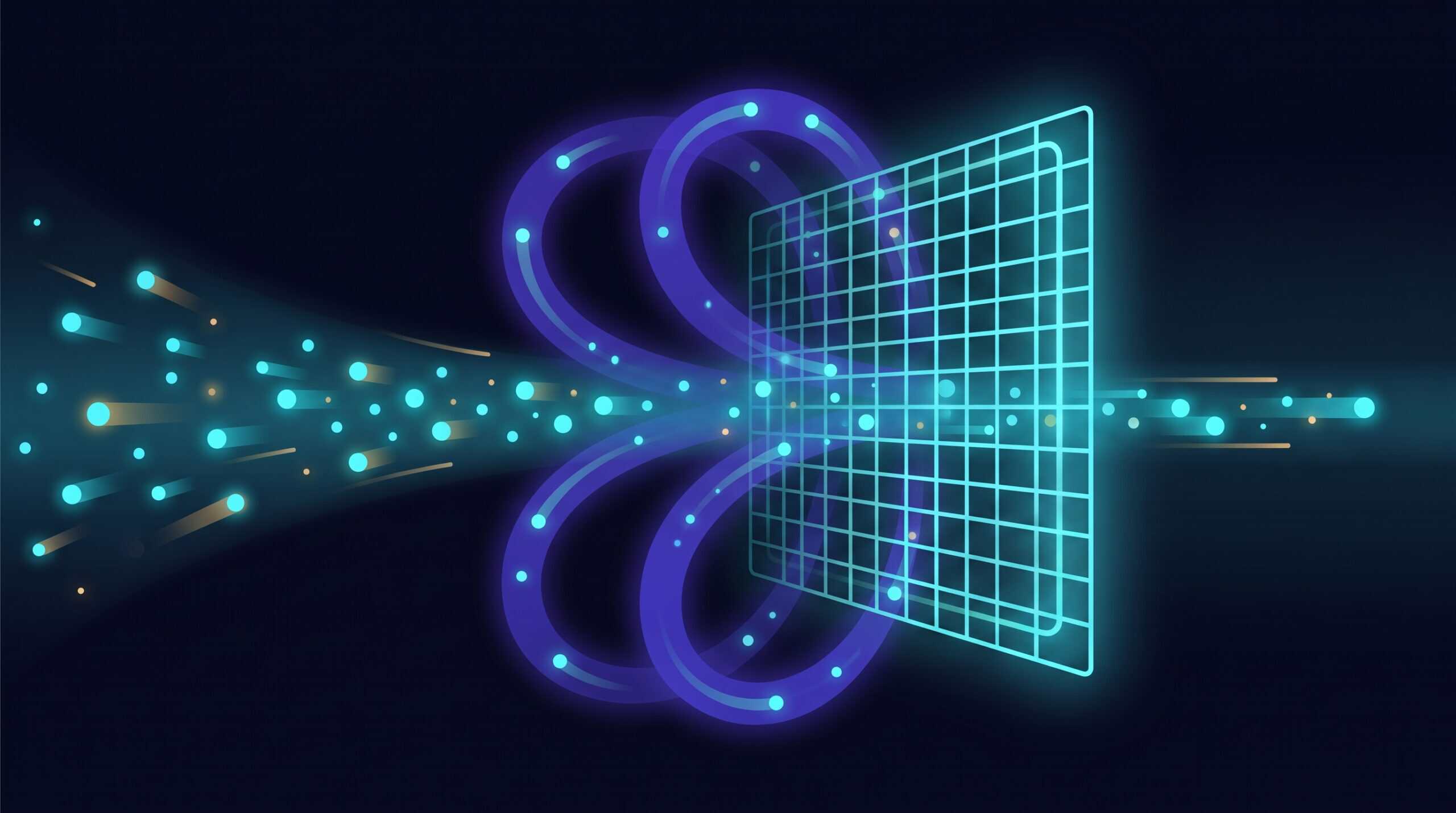 Flux de particules filtré par une grille lumineuse, une partie renvoyée en boucle pour être revérifiée
